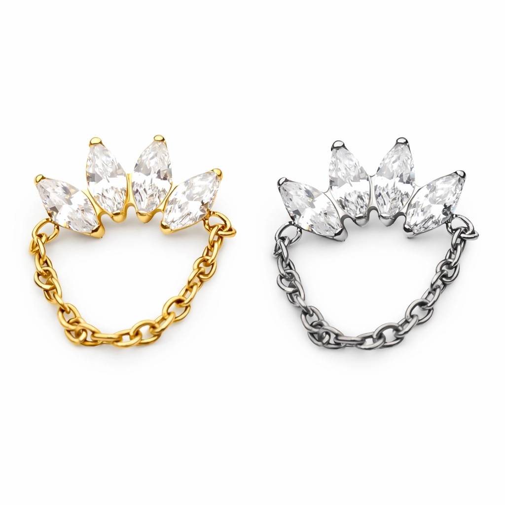 Piercing Labret Titane ASTM F136 Premium – Labret 283 Filetage Interne Stérile & Marquise 4 Strass et Chaine largeur 11 mm*