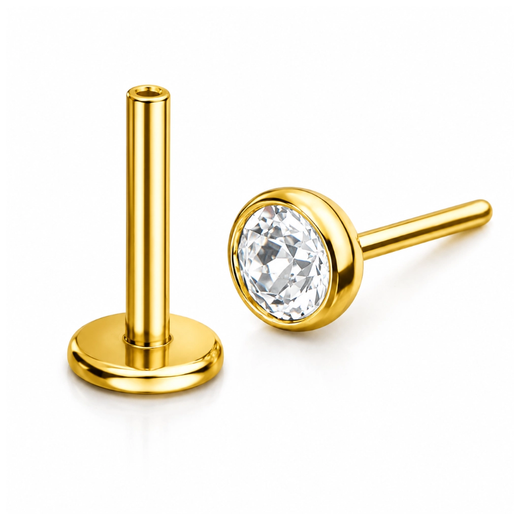 Piercing Labret Titane ASTM F136 Premium – Threadless Sans Filetage Stérile Gold & Strass 3/4 Rond Qualité Implant*