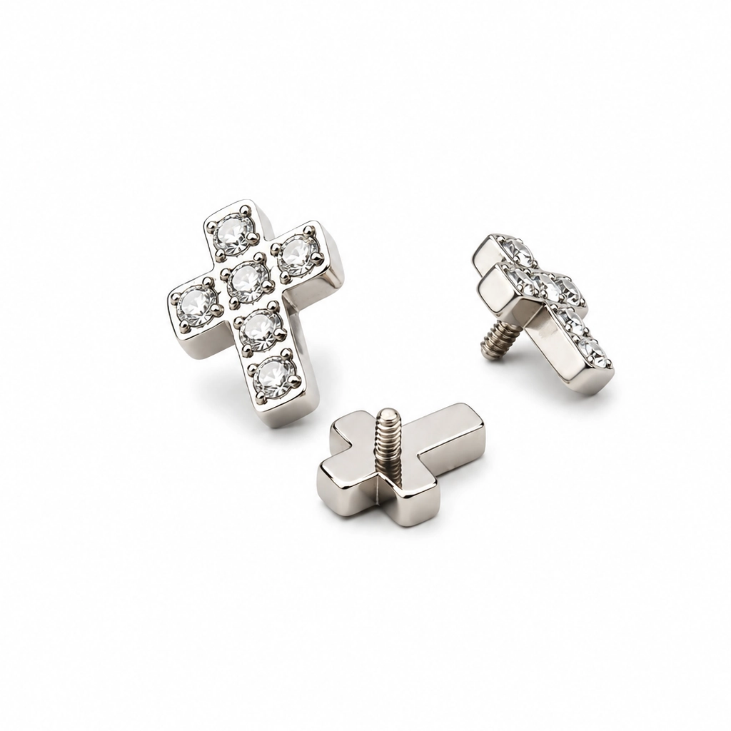Piercing Embout Titane ASTM F136 Premium Croix Strass 6 mm – Pas de vis interne 0,9 mm pour Piercing 1,2 mm*