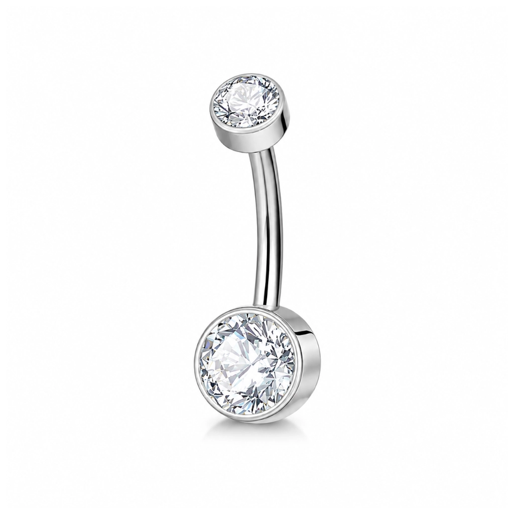 Piercing Nombril Titane ASTM F136 Premium – Filetage Interne & 2 Billes Strass Rond Plat*