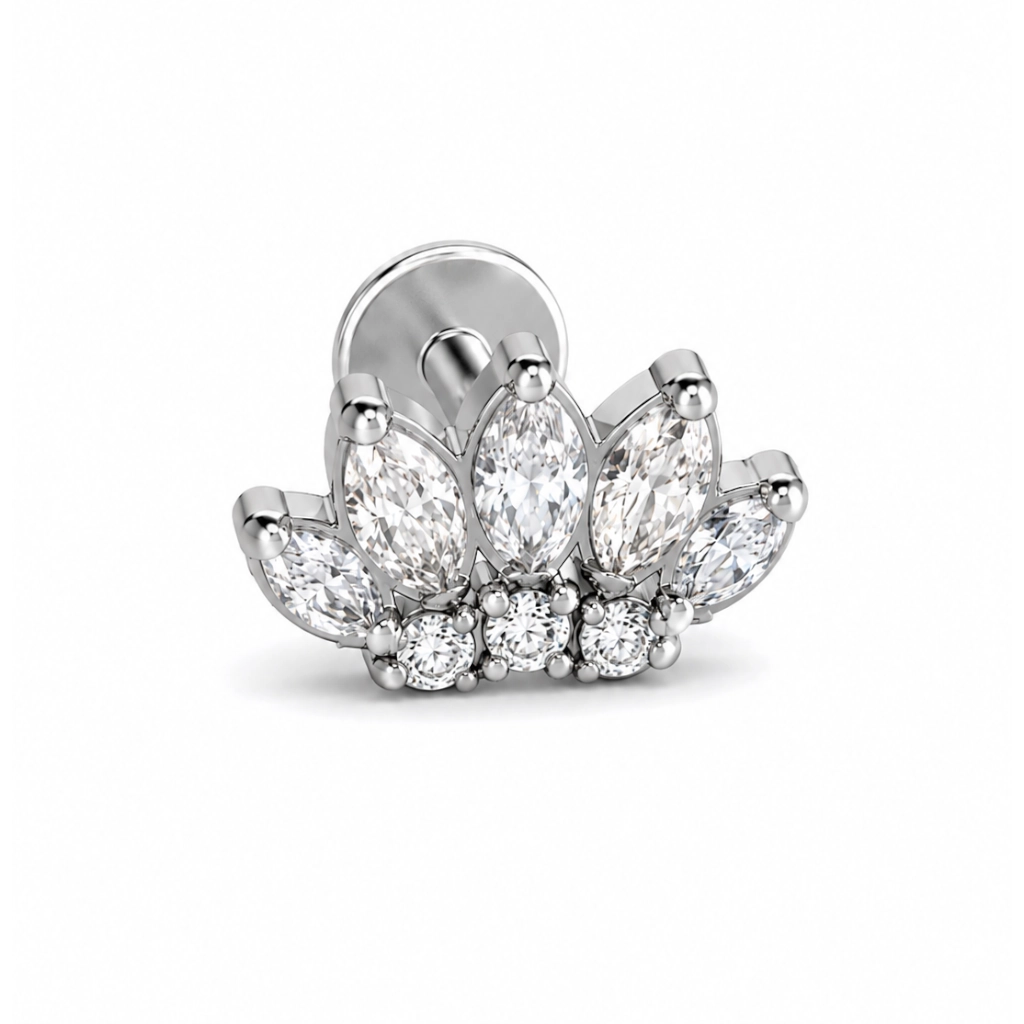 Labret Titane Grade Implant 0.9 mm Filetage Interne – Marquise 5 Strass & 3 Strass Ronds*