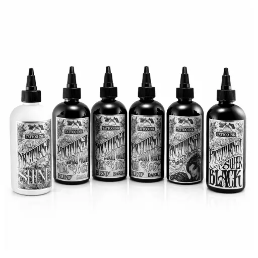 Set Encre Tatouage NON REACH Nocturnal Ink 6 Bouteilles – Idéal Entraînement Tattoo, Ombrage West Coast & Noir Intense*