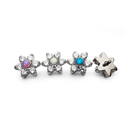 Piercing Embout - Titane F136 Gamme Hand Ink - Embout 48 avec pas de vis interne 0,9 mm pour piercing 1,2 mm fleur strass serti opale*