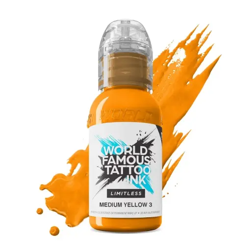[ki_encre_world_famous_medium_yellow_3-LTMY31-S] Encre de Tatouage Jaune World Famous Medium Yellow 3 – Conforme REACH – Pigment Professionnel Haute Intensité* 