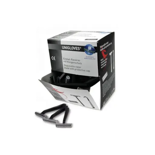 [tl_rasoir_noir_uniglove] Préparation Tattoo - Unigloves Disposable Razor - Boîte distributrice de 100 rasoirs 1 lame à usage unique noir pour tatouage*