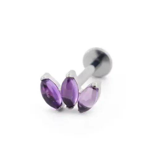 [fb_STERILE_labret_1236-FB-1236] Piercing Labret - Titane F136 Stérile - Labret n°1236 avec pas de vis interne marquise 3 pierres 1,2 x 8 mm*
