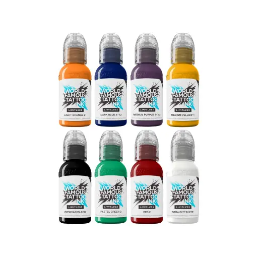[ki_REACH_encre_world_set_primaire_1-LTPS11] Set Encres Tattoo World Famous Limitless Primary Colours 1 – 8 x 30 ml REACH Couleurs Essentielles Tatouage*