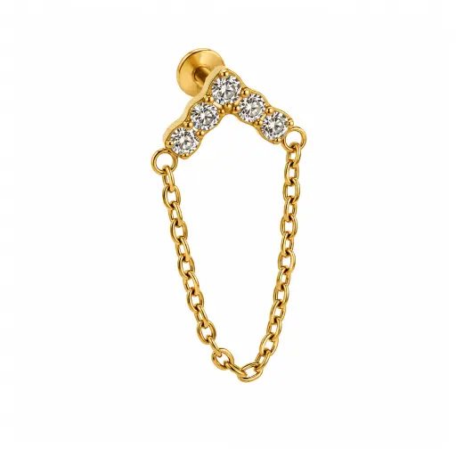 [fb_GOLD_STERILE_labret_int-FBG-1105] Piercing Labret Titane F136 – Labret 1105 Filetage Interne Stérile Gold & Embout Strass en V et Chaine 1,2 x 8 mm* 