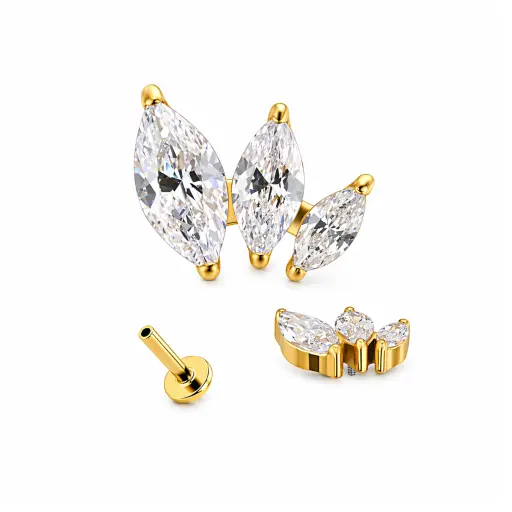 Piercing Labret Titane ASTM F136 – Labret 1092 Filetage Interne Stérile Gold & Embout 3 Strass Différés*