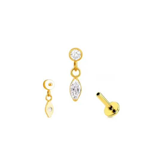 [fb_GOLD_STERILE_labret-FBG-1083 stvxla56] Labret Piercing - Titane F136 Stérile Gold - Labret 1083 avec pas de vis interne pendentif ovale avec strass 1,2 x 8 mm*