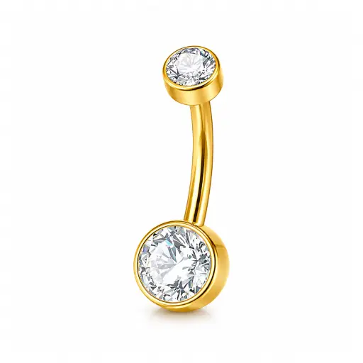 [fl_GOLD_STERILE_banane_int-FBG-0136] Piercing Nombril Titane ASTM F136 – Filetage Interne Stérile Gold & 2 Strass Rond Plat 1,6 x 10 mm* 