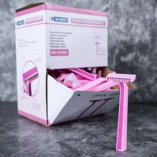 [in_rasoir_rose_klmed] Rasoir Tattoo - Klmed Rose - Boîte distributrice de rasoir 1 lame à usage unique en plastique rose pour le tatouage