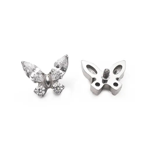 [I-LAE3-ns_labret_stérile_papillon_strass-P110_09_P001_128] Piercing Labret - Titane F136 Interne Stérile Gamme Hand Ink - Labret avec pas de vis interne 1,2 x 8 mm papillon avec strass 6 mm*