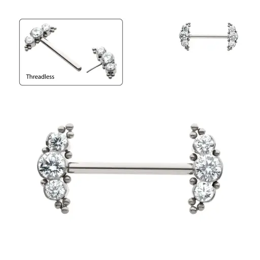 [iv_barbell_threadless_04-TITLSNPE344C] Piercing Barbell - Titane F136 Threadless Gamme Invictus - Barbell 04 sans filetage threadless 3 strass perlé 1,6 x 16 mm*