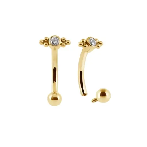 [fb_GOLD_STERILE_banane-FBG-3031] Piercing Banane - Titane F136 Stérile Gold - Banane avec strass 3031 avec pas de vis interne strass et perle 1,2 x 8 mm*