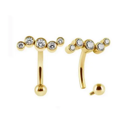 [fb_GOLD_STERILE_banane] Piercing Banane - Titane F136 Stérile Gold -  Banane avec pas de vis interne et vague de 5 strass 1,2 x 8 mm*