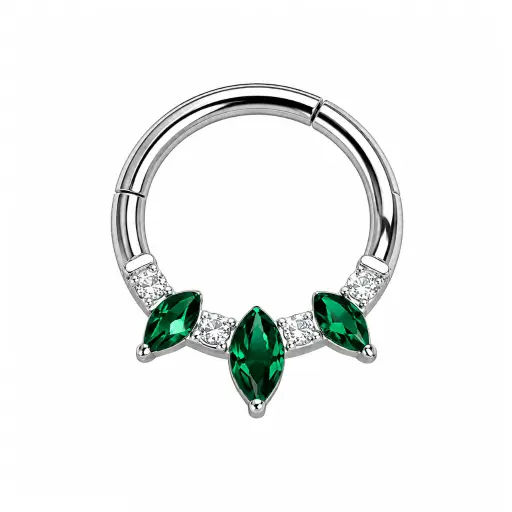 [fb_STERILE_anneau-FB-3073] Piercing Anneau Titane F136 – Clicker 3073 Fermeture à Charnière Stérile & Finition 3 Strass Vert 1,2 x 8 mm*