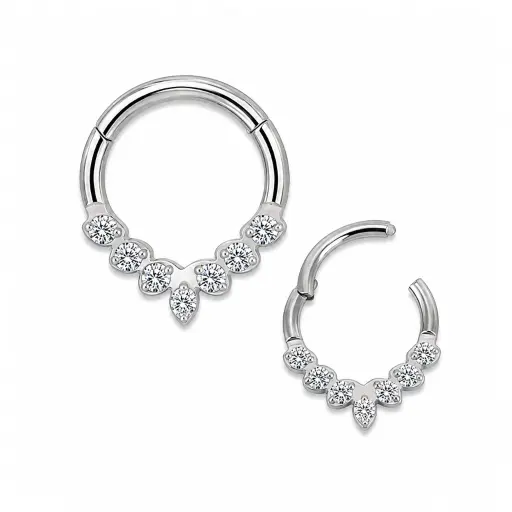 [fb_STERILE_anneau-FB-1257] Piercing Anneau Titane F136 – Clicker 1257 Fermeture à Charnière Stérile & Finition 7 Strass 1,2 x 8 mm*