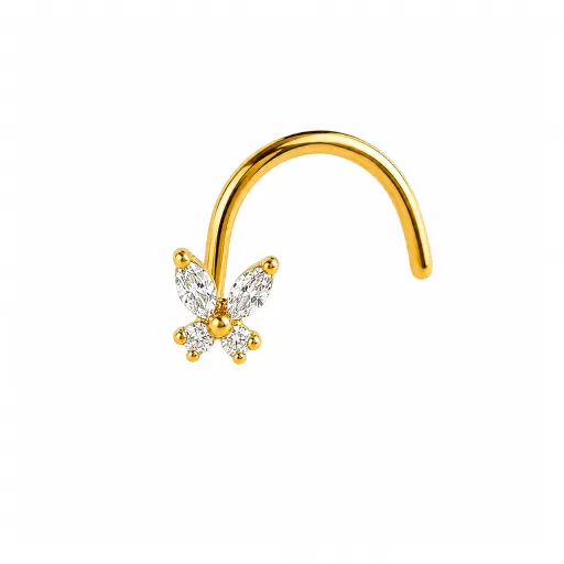 [fb_GOLD_STERILE_nez_thread-FBG-5006] Piercing Nez - Titane F136 Stérile Gold - Stud de nez embout papillon 4 strass 0,8 x 7 mm*