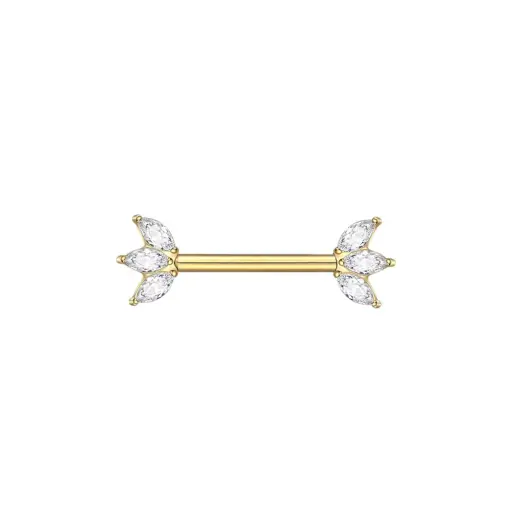 [fb_GOLD_STERILE_barbell-FBG-1318] Piercing Barbell - Titane F136 Stérile Gold - Barbell avec pas de vis interne embout marquise 3 strass 1,6 x 14 mm*