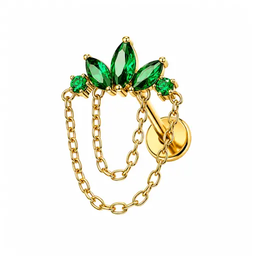 [fb_GOLD_STERILE_labret_int-FBG-3064] Piercing Labret Titane F136 – Labret 3064 Filetage Interne Stérile Gold & Embout Marquise 5 Strass Vert 1,2 x 8 mm*