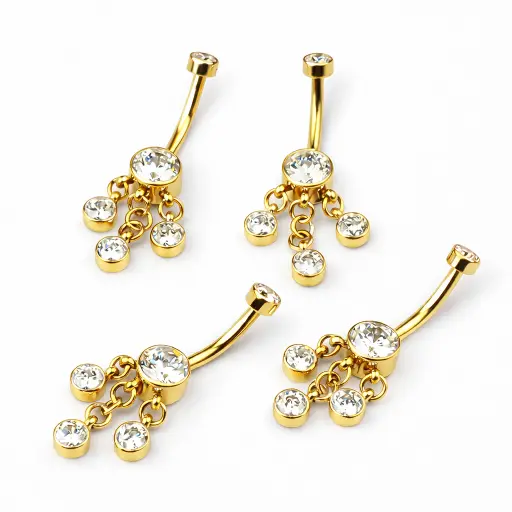 Piercing Nombril Titane ASTM F136 Premium – Banane 73 Gold Filetage Interne Strass & 3 Chaines Strass Qualité Implant*