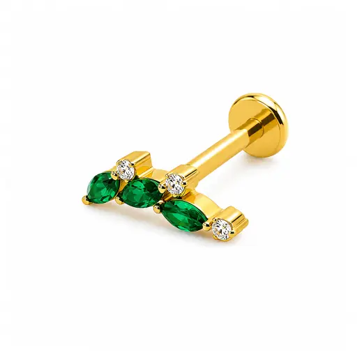 [fb_GOLD_STERILE_labret_int-FBG-3062] Piercing Labret Titane F136 – Labret 3062 Filetage Interne Stérile Gold & Embout 3 Strass Vert 1,2 x 8 mm*