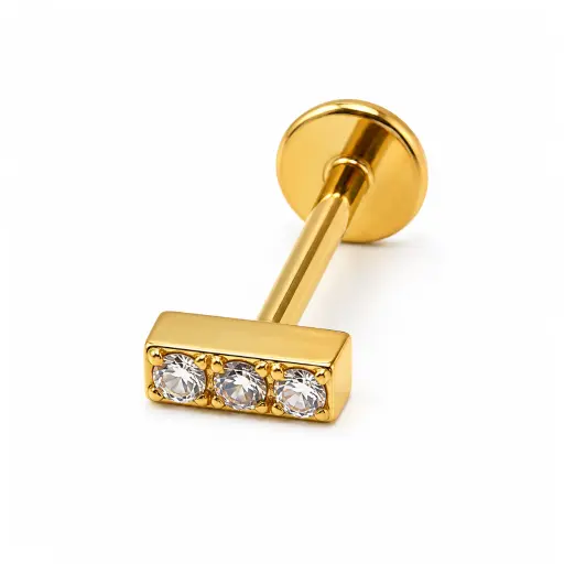 Piercing Labret Titane F136 – Labret 594 Filetage Interne Stérile Gold & Embout Barre 3 Strass Qualité Implant*