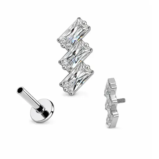 Piercing Labret Titane ASTM F136 – Labret 879 Filetage Interne Stérile & Embout Rectangle 3 Strass 1,2 x 8 mm*