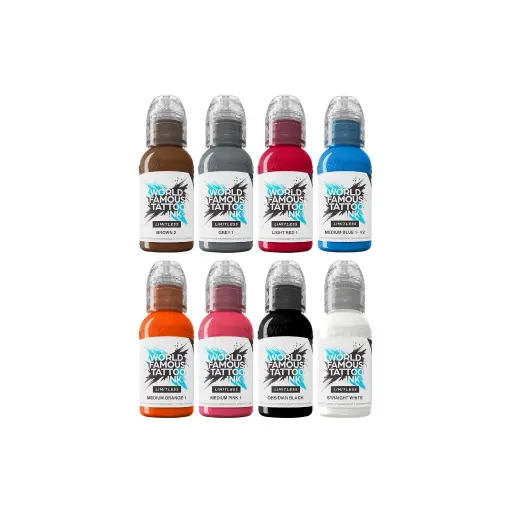 [ki_set_encres_world_famous_primary_colours_2_8x30ml-LTPS21-S] Set Encres Tattoo World Famous Limitless Primary Colours 2 – 8 x 30 ml REACH Couleurs Essentielles Tatouage*