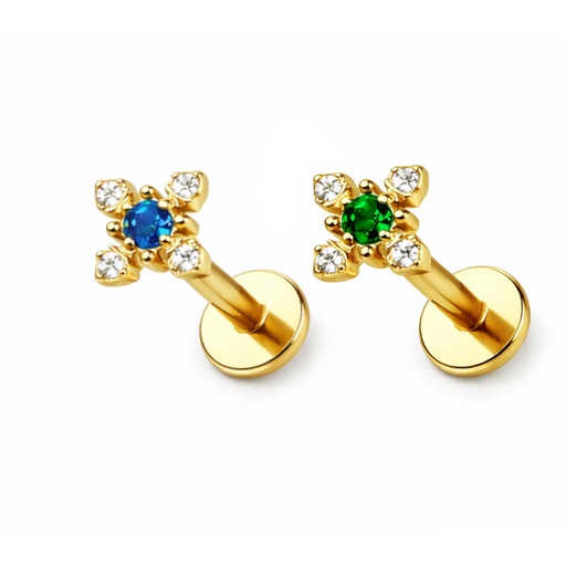 Piercing Labret Titane ASTM F136 Premium – Filetage Interne Stérile Gold & Etoile Strass Coloré 1,2 x 8 mm* 