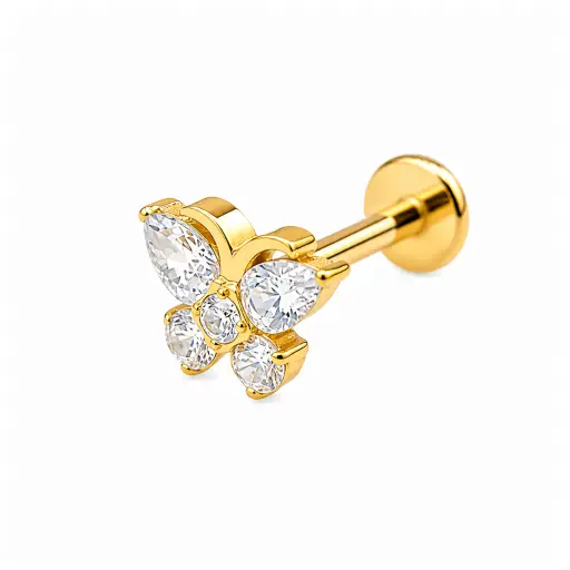 Piercing Labret Titane ASTM F136 – Labret 3007 Filetage Interne Stérile Gold & Embout Papillon Antenne*