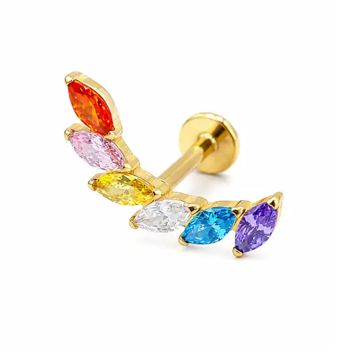 [fb_GOLD_STERILE_labret_int-FBG-3004] Piercing Labret Titane F136 – Labret 3004 Filetage Interne Stérile Gold & Embout Marquise de Strass Multicolore 1,2 x 8 mm*