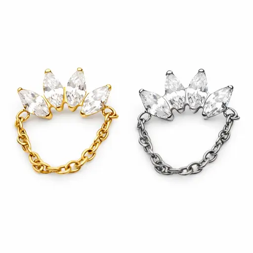 Piercing Labret Titane ASTM F136 Premium – Labret 283 Filetage Interne Stérile & Marquise 4 Strass et Chaine largeur 11 mm*