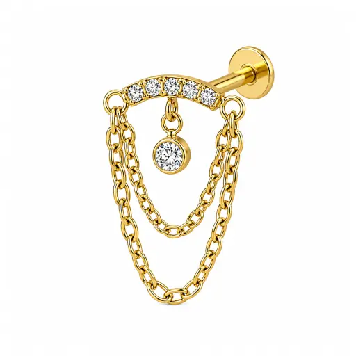 [fb_GOLD_STERILE_labret_int-FBG-1825] Piercing Labret Titane ASTM F136 Premium – Labret 1825 Filetage Interne Stérile & Courbe Strass et Chaine 1,2 x 8 mm*