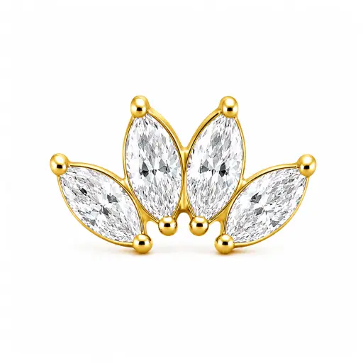 [E8-ns_GOLD_embout_0.9mm_blanc-P165-09-Gold] Piercing Embout Titane ASTM F136 Premium Marquise 4 Strass Gold 10 mm – Pas de vis interne 0,9 mm pour Piercing 1,2 mm*