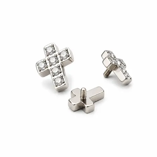 [E7-ns_embout_int_0.9mm-P101-09] Piercing Embout Titane ASTM F136 Premium Croix Strass 6 mm – Pas de vis interne 0,9 mm pour Piercing 1,2 mm*