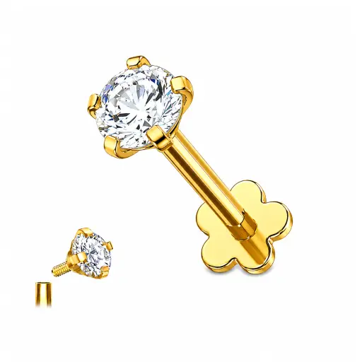 [fb_GOLD_STERILE_labret_int_1.2x8mm-FBG-0185-Fleur] Piercing Labret Titane ASTM F136 Premium – Filetage Interne Stérile Gold & Strass 3 mm Griffé Base Fleur 1,2 x 8 mm*