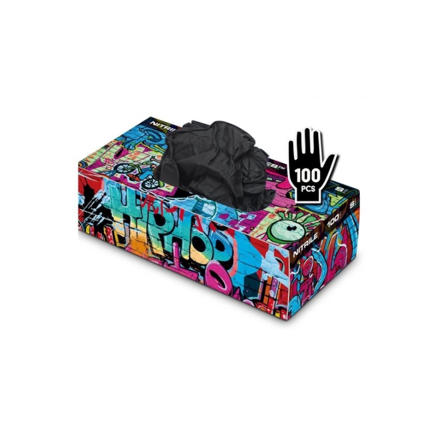 Gant Noir Tatouage – Graffiti gloves boîte de 100 gants nitrile non poudrés pour le tatouage et le piercing