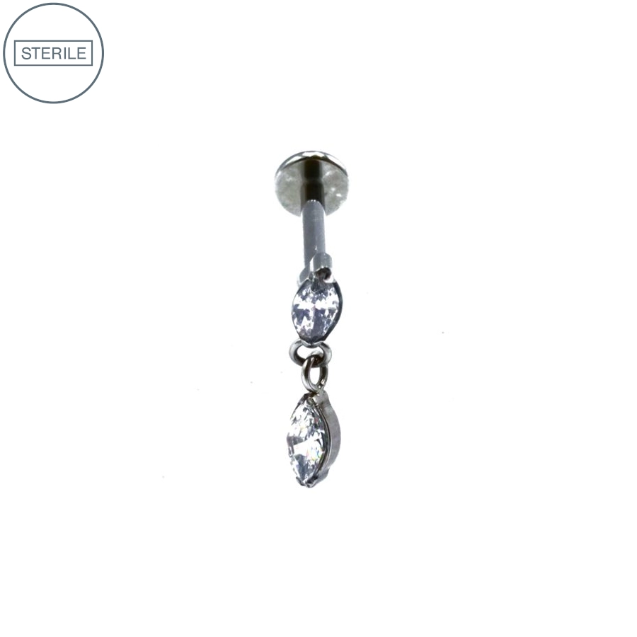 Labret Stérile Titane Interne 30 – Piercing avec pas de vis interne pendentif 2 strass ovale blanc