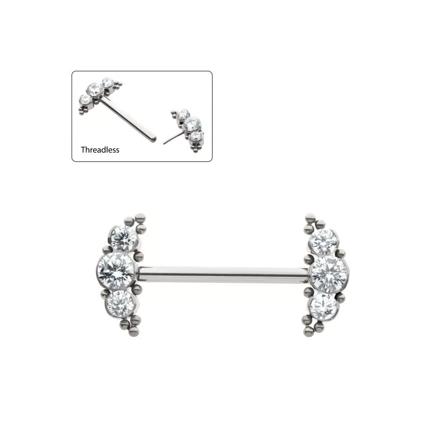 Piercing Barbell Threadless 03 Invictus – Piercing sans filetage titane f136 cluster 3 strass sertie perle